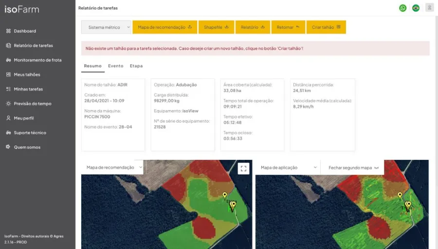 Relatório de tarefa no isoFarm com mapa de aplicação