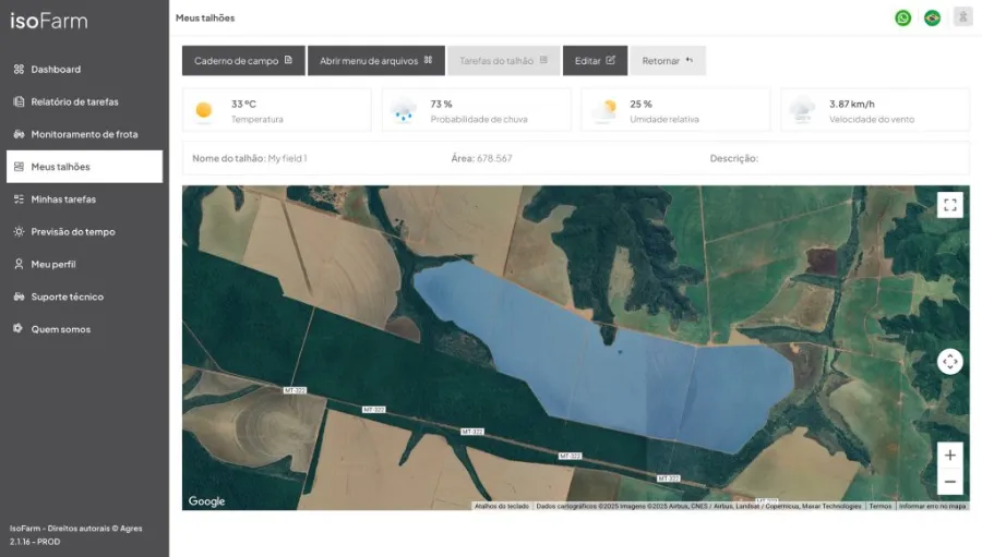 Gestão de talhões no isoFarm com mapa de satélite