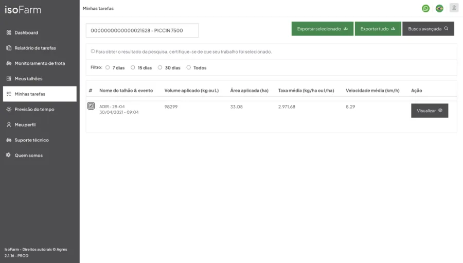 Lista de tarefas por máquina no isoFarm