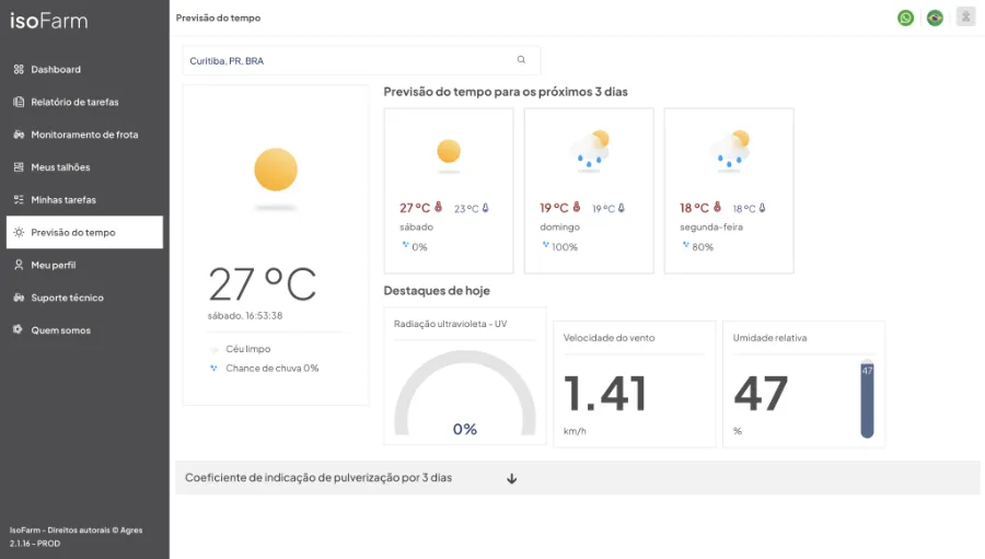 Previsão do tempo e coeficiente de pulverização no isoFarm